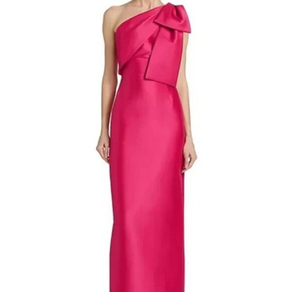 Sachin & Babi Berry Pink Bonnie Bow One-Shoulder Satin Gown - Picture 1 of 8